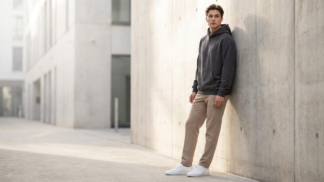 Capsule wardrobe homme streetwear minimal : hoodies, sneakers et coupes propres
