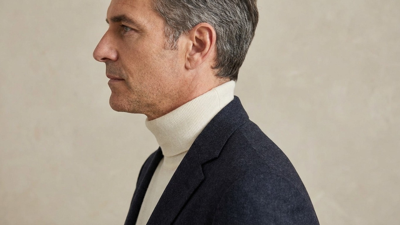 Les stylistes ne regardent qu'un seul doigt quand un homme porte un col roulé sous un blazer