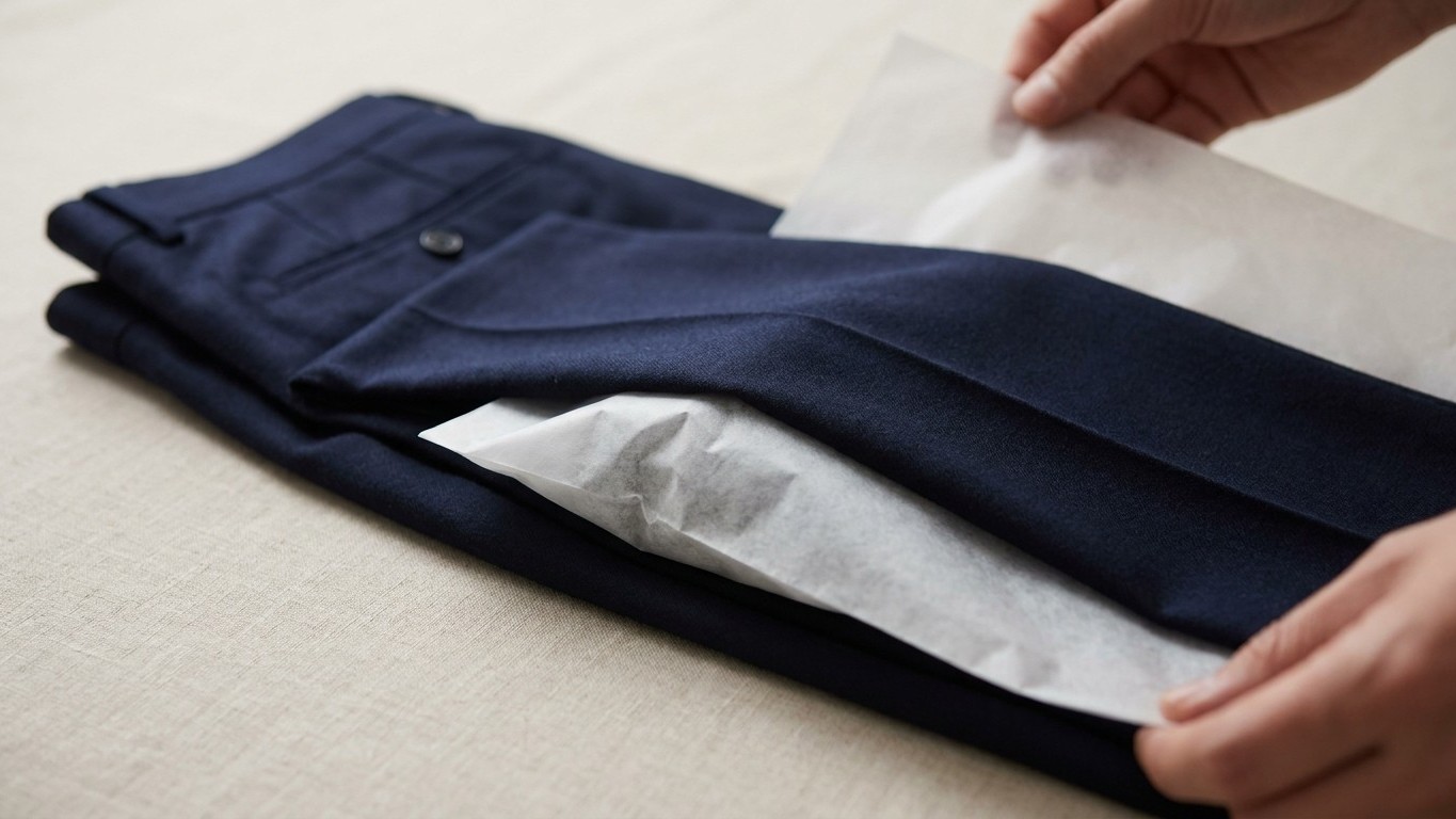 Fini les pantalons de costume froissés en valise : ce papier qu'on jette tous à l'achat suffit à sauver la tombée du tissu