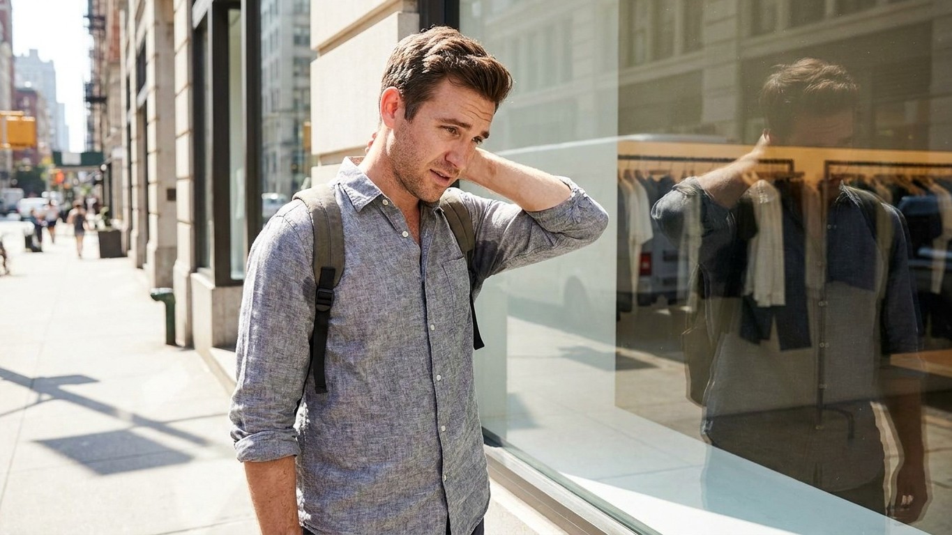 Je portais ma chemise gris chiné par 36°C en pensant rester élégant : en croisant mon reflet dans une vitrine, j'ai compri...