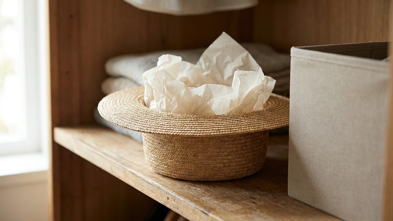 Fini les chapeaux de paille posés sur leur calotte en haut de l'armoire : ce que je glisse dessous désormais avant de refe...